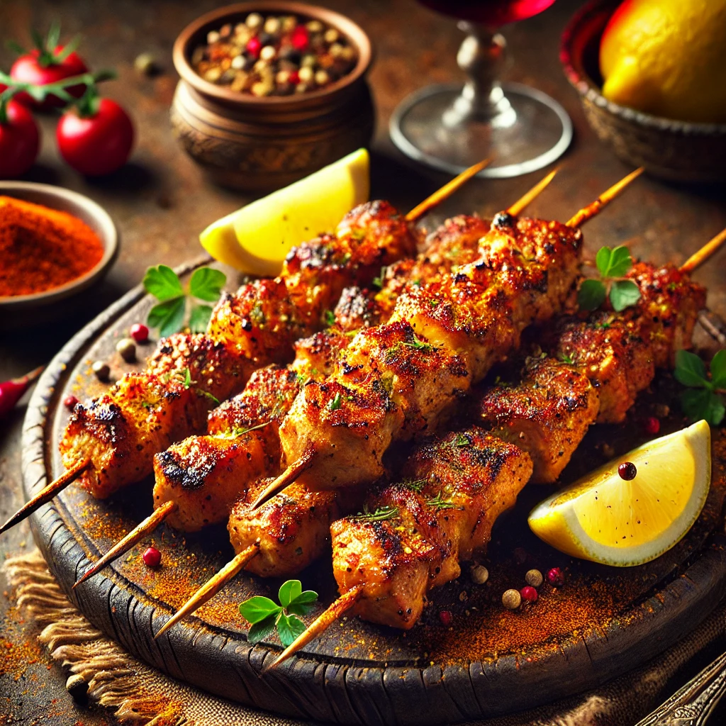 Juicy, golden-brown pork skewers seasoned with Spanish spices like paprika, cumin, and turmeric, served on a rustic wooden platter. Garnished with lemon wedges and fresh parsley, the skewers are presented in a Mediterranean-inspired setting with warm earthy tones and soft natural lighting, highlighting their smoky and flavorful appearance.