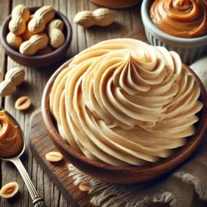 A close-up of fluffy peanut butter frosting swirled in a bowl on a rustic wooden table, with a light, creamy texture and a rich golden peanut butter color. A spoon with extra frosting rests nearby, alongside scattered peanuts and a small dish of peanut butter. Soft natural lighting enhances the smooth, airy texture and warm tones.