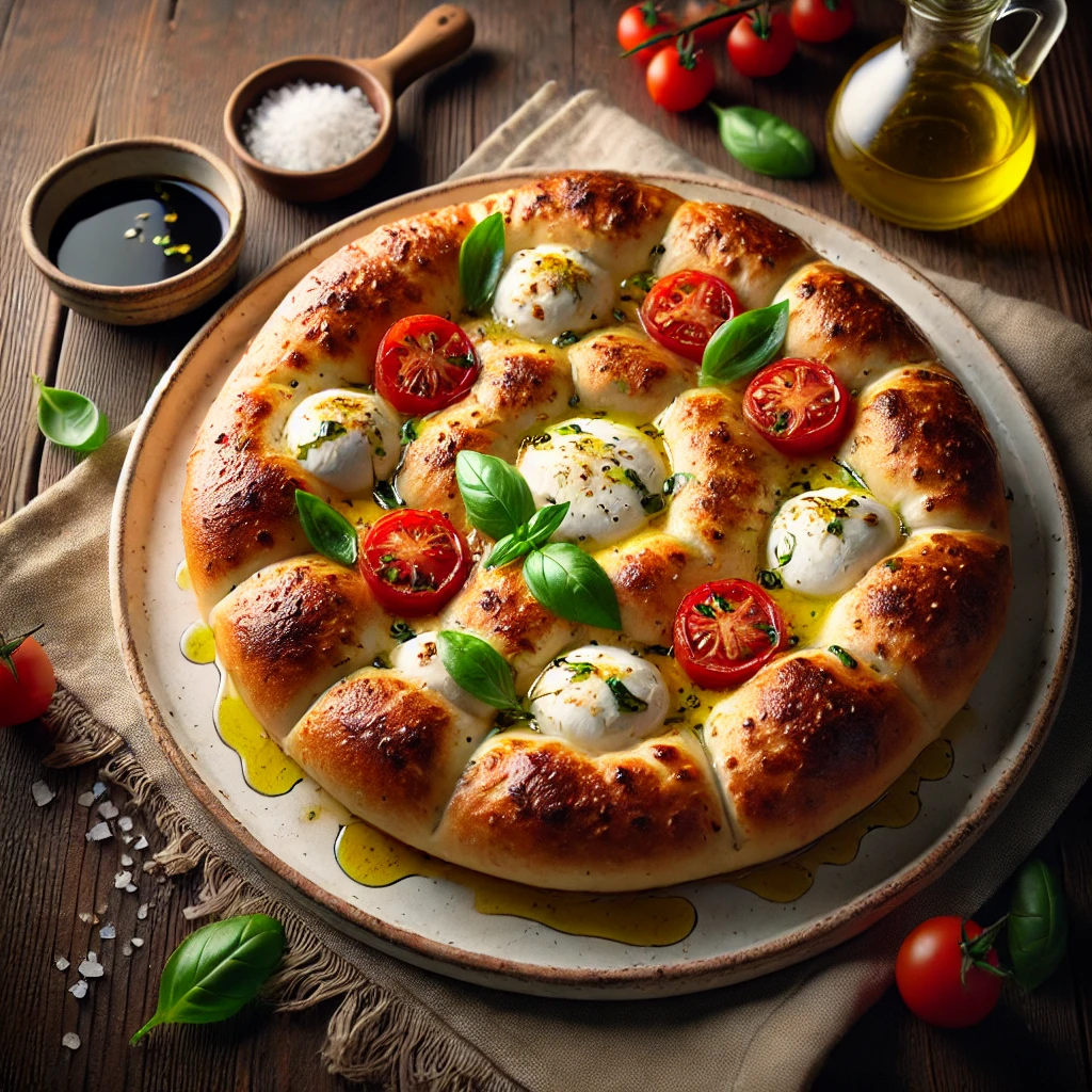 A beautifully plated Focaccia Pugliese with Mozzarella served on a rustic wooden table. The dish features a golden, crispy focaccia with a fluffy interior, topped with melted mozzarella cheese, cherry tomatoes, and fresh basil. Drizzled with olive oil and lightly sprinkled with sea salt. Served on a white ceramic plate with a side of balsamic dip. The warm wooden table is more visible, providing a cozy and inviting setting.