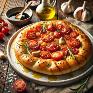 A beautifully plated Focaccia Pugliese with Tomatoes and Garlic served on a rustic wooden table. The dish features a golden, crispy focaccia with a fluffy interior, topped with juicy cherry tomatoes, thinly sliced garlic, and fresh rosemary. Drizzled with olive oil and lightly sprinkled with sea salt. Served on a white ceramic plate with a side of balsamic dip. The warm wooden table is more visible, providing a cozy and inviting setting.