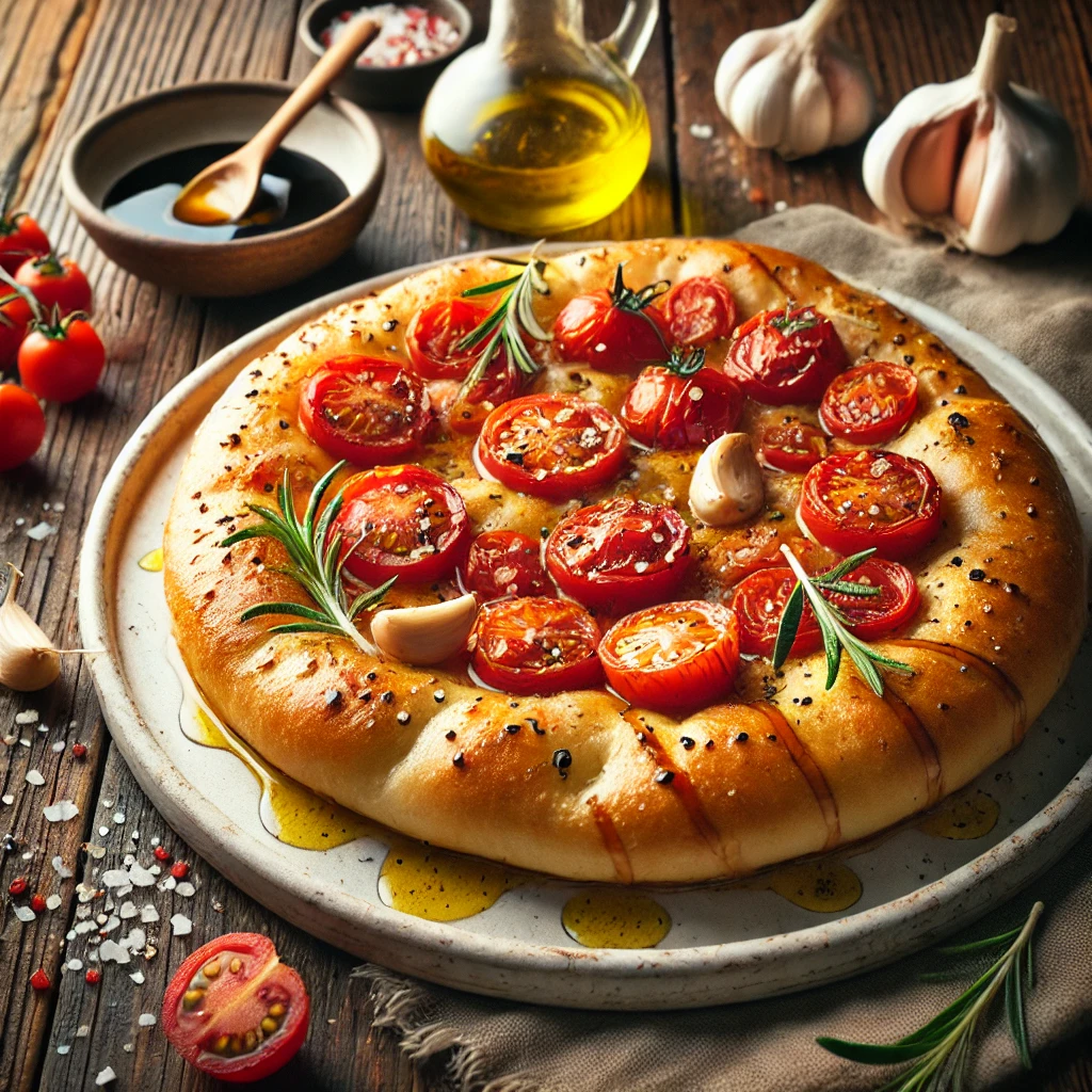 A beautifully plated Focaccia Pugliese with Tomatoes and Garlic served on a rustic wooden table. The dish features a golden, crispy focaccia with a fluffy interior, topped with juicy cherry tomatoes, thinly sliced garlic, and fresh rosemary. Drizzled with olive oil and lightly sprinkled with sea salt. Served on a white ceramic plate with a side of balsamic dip. The warm wooden table is more visible, providing a cozy and inviting setting.