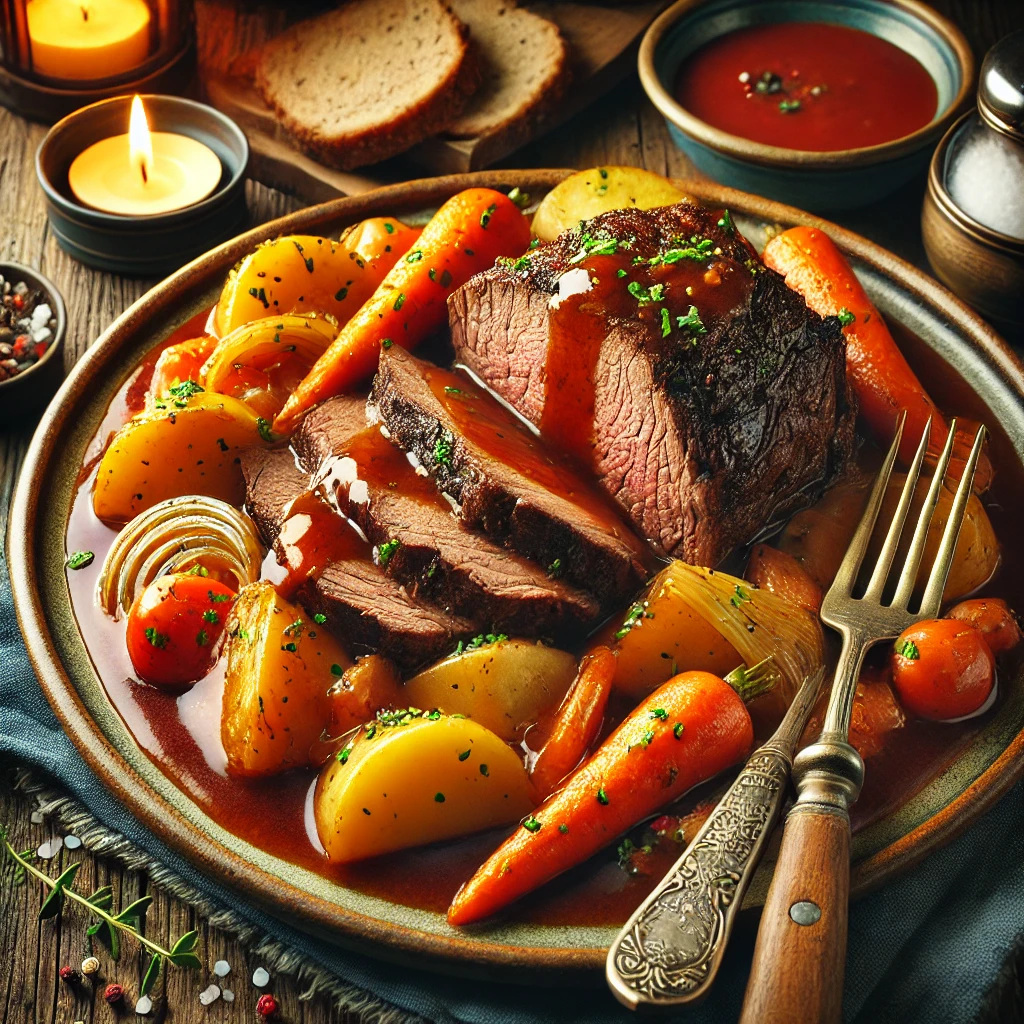A beautifully plated Fork Tender Pot Roast, featuring a slow-cooked beef roast with a rich, savory tomato-based gravy. The dish includes tender potatoes, carrots, and onions, all infused with the flavorful sauce. The pot roast is sliced, showing its juicy texture, and is garnished with fresh herbs. The dish is served on a rustic ceramic plate, placed on a wooden table with warm, cozy lighting. A few fresh ingredients like a small bowl of salt, pepper, and a loaf of bread sit nearby, enhancing the inviting presentation.