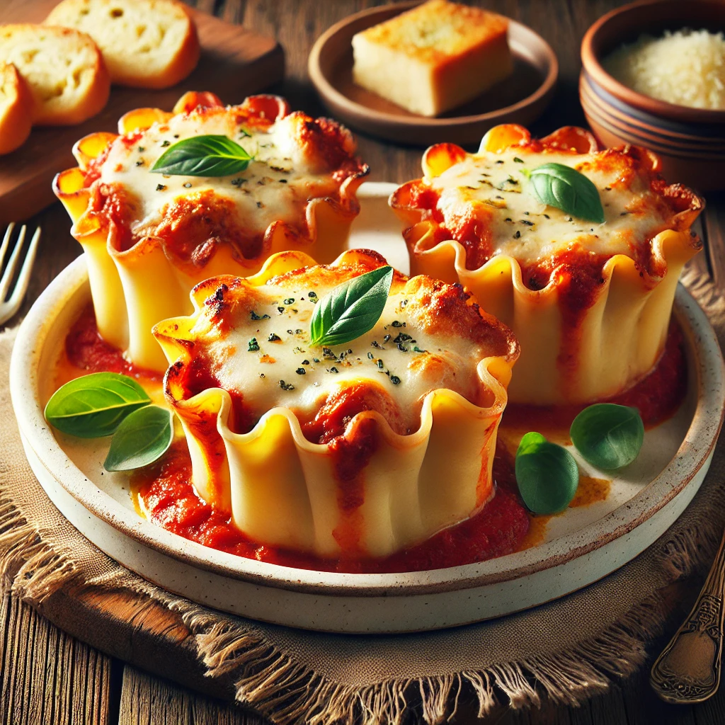 A beautifully plated dish of Four-Cheese Stuffed Lasagna Cups served on a rustic wooden table. The dish features individual lasagna cups made with tender pasta sheets, filled with a rich blend of ricotta, mozzarella, Parmesan, and provolone cheeses, baked until golden and bubbly. Each cup is topped with a vibrant tomato sauce and fresh basil. Served on a white ceramic plate with a side of garlic bread. The warm wooden table and softly blurred background enhance the inviting Italian-inspired presentation.