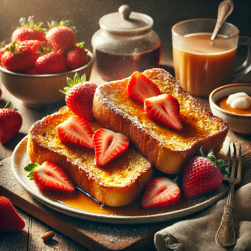 A delicious serving of French toast made from thick challah bread slices, golden brown, and topped with fresh strawberries, a drizzle of maple syrup, and a dusting of powdered sugar
