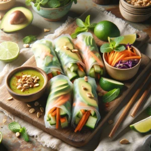 Fresh avocado spring rolls made with rice paper, filled with avocado, carrots, cucumber, red cabbage, and mint, served with peanut dipping sauce garnished with crushed peanuts and chili flakes, on a wooden board with lime wedges.