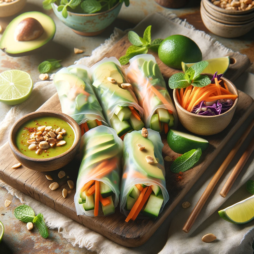 Fresh avocado spring rolls made with rice paper, filled with avocado, carrots, cucumber, red cabbage, and mint, served with peanut dipping sauce garnished with crushed peanuts and chili flakes, on a wooden board with lime wedges.
