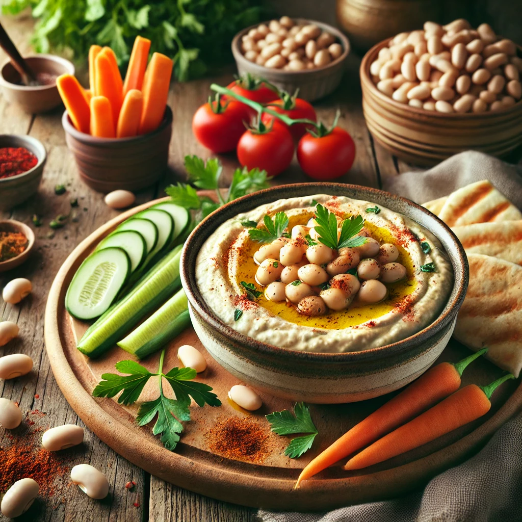 Fresh butter bean dip in a rustic bowl, garnished with olive oil, smoked paprika, and parsley, surrounded by pita bread, carrot sticks, cucumber slices, and cherry tomatoes on a wooden table with natural lighting.