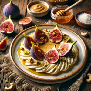 A beautifully plated serving of Fresh Figs in Cashew Cream with Toasted Coconut served on a rustic wooden table. The dish features halved fresh figs drizzled with a rich, velvety cashew cream. Garnished with toasted coconut flakes and a sprinkle of crushed pistachios. Served on a white ceramic plate with a side of honey. The warm wooden table is more visible, providing a cozy and inviting setting.