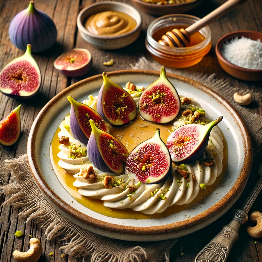 A beautifully plated serving of Fresh Figs in Cashew Cream with Toasted Coconut served on a rustic wooden table. The dish features halved fresh figs drizzled with a rich, velvety cashew cream. Garnished with toasted coconut flakes and a sprinkle of crushed pistachios. Served on a white ceramic plate with a side of honey. The warm wooden table is more visible, providing a cozy and inviting setting.