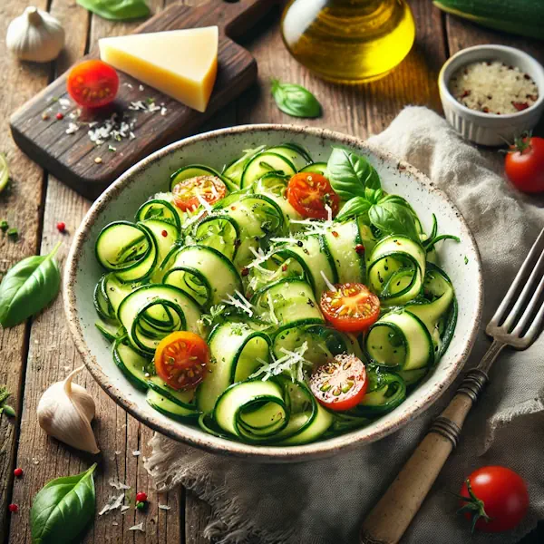 Ultra-sharp image of thin zucchini ribbons tossed with olive oil, lemon juice, garlic, parsley, and basil, garnished with Parmesan shavings and cherry tomatoes. Served in a white ceramic bowl on a rustic wooden dining table with fork and linen napkin, captured in bright natural light.