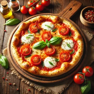 A beautifully plated Fresh Mozzarella and Tomato Pizza served on a rustic wooden table. The pizza features a crispy golden crust topped with a rich tomato sauce, creamy fresh mozzarella cheese, and juicy sliced tomatoes. Garnished with fresh basil leaves and a drizzle of olive oil. Arranged on a wooden pizza board with a side of crushed red pepper flakes. The warm wooden table is more visible, providing a cozy and inviting setting.