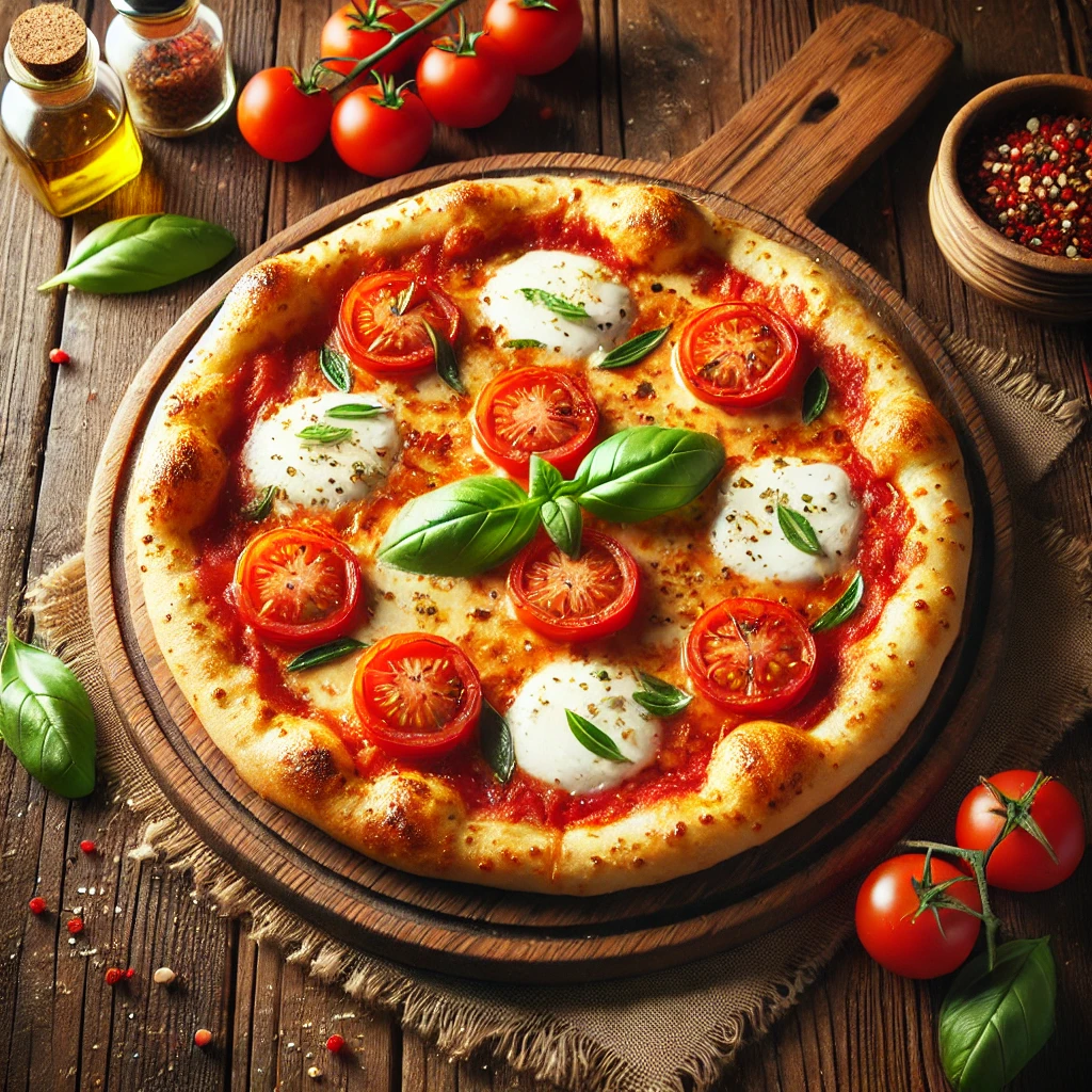 A beautifully plated Fresh Mozzarella and Tomato Pizza served on a rustic wooden table. The pizza features a crispy golden crust topped with a rich tomato sauce, creamy fresh mozzarella cheese, and juicy sliced tomatoes. Garnished with fresh basil leaves and a drizzle of olive oil. Arranged on a wooden pizza board with a side of crushed red pepper flakes. The warm wooden table is more visible, providing a cozy and inviting setting.