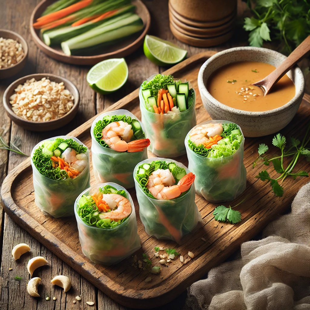 A rustic presentation of fresh spring rolls with peanut sauce, elegantly arranged on a wooden table. The spring rolls are tightly wrapped in translucent rice paper, showcasing vibrant fillings of shrimp, lettuce, carrots, cucumbers, and fresh herbs. They are neatly placed on a wooden serving board with a small bowl of creamy peanut sauce for dipping. Scattered around are extra fresh herbs, lime wedges, and crushed peanuts. Soft natural lighting enhances the fresh and inviting feel, with gentle shadows and a hint of rustic kitchen elements in the background.