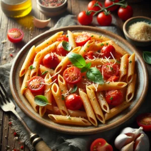 A rustic presentation of fresh tomato and garlic penne, elegantly arranged on a wooden table. The penne pasta is coated in a vibrant tomato sauce made with fresh cherry tomatoes, garlic, and olive oil, garnished with fresh basil leaves and a sprinkle of grated Parmesan cheese. The dish is served on a ceramic plate, with a fork twirling a portion of the pasta. Scattered around are cherry tomatoes, garlic cloves, and a drizzle of olive oil. Soft natural lighting enhances the warm and inviting feel, with gentle shadows and a hint of rustic kitchen elements in the background.