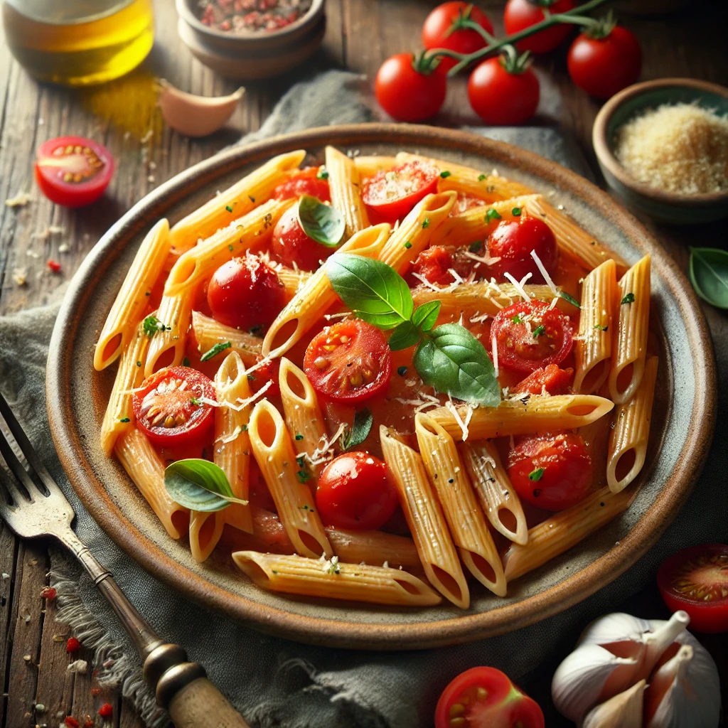 A rustic presentation of fresh tomato and garlic penne, elegantly arranged on a wooden table. The penne pasta is coated in a vibrant tomato sauce made with fresh cherry tomatoes, garlic, and olive oil, garnished with fresh basil leaves and a sprinkle of grated Parmesan cheese. The dish is served on a ceramic plate, with a fork twirling a portion of the pasta. Scattered around are cherry tomatoes, garlic cloves, and a drizzle of olive oil. Soft natural lighting enhances the warm and inviting feel, with gentle shadows and a hint of rustic kitchen elements in the background.
