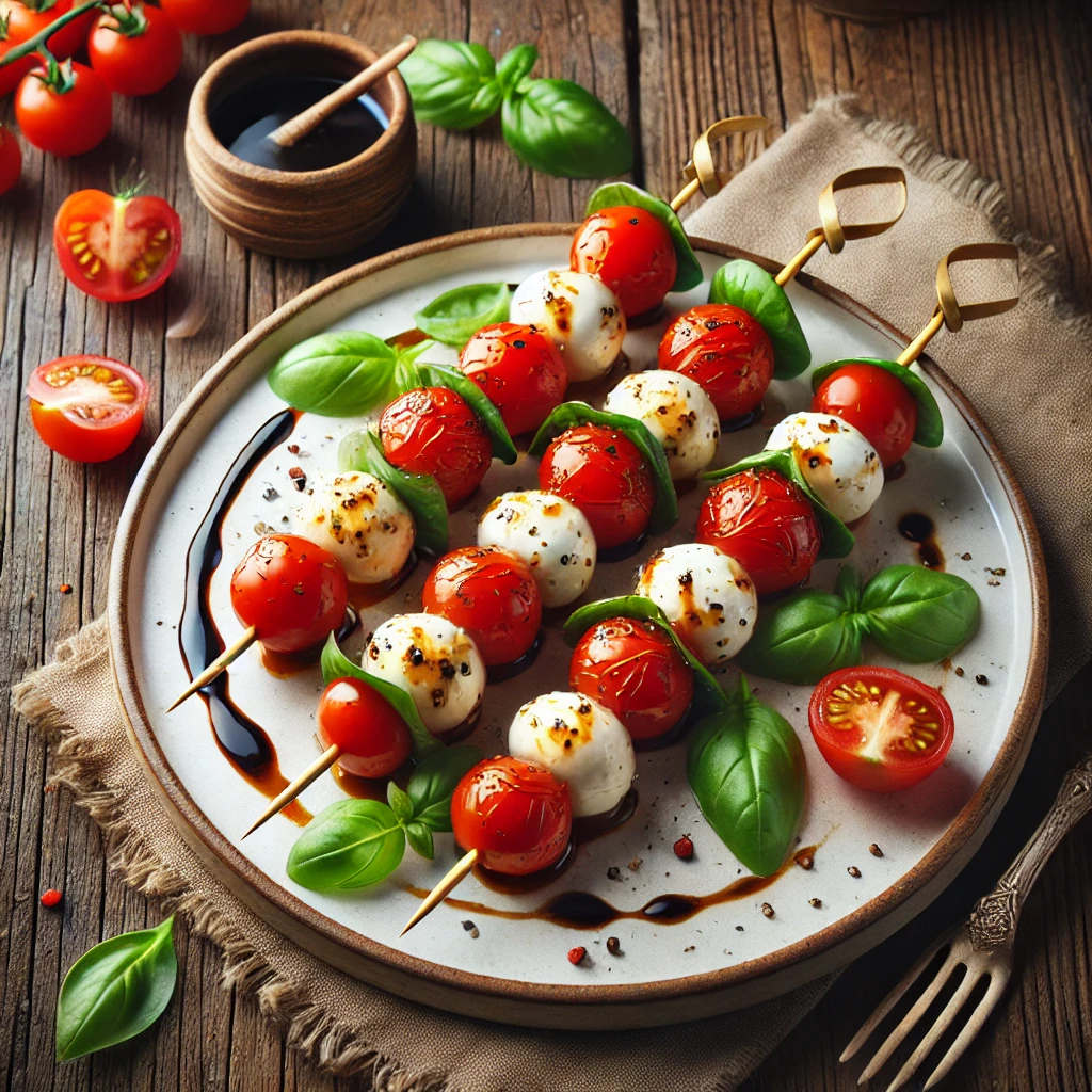 A beautifully plated serving of Fresh Tomato–Basil Caprese Kabobs served on a rustic wooden table. The kabobs feature juicy cherry tomatoes, fresh basil leaves, and creamy mozzarella balls skewered on wooden sticks. Drizzled with balsamic glaze and a touch of olive oil, and garnished with cracked black pepper. Arranged on a white ceramic plate with a side of extra balsamic for dipping. The warm wooden table is more visible, providing a cozy and inviting setting.