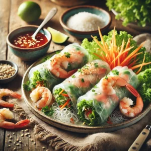 Translucent rice paper rolls filled with shrimp, vermicelli noodles, crisp lettuce, julienned carrots, and fresh herbs, served with hoisin-peanut dipping sauce.