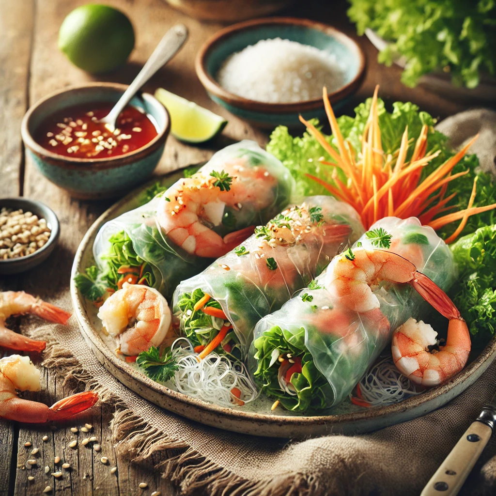 Translucent rice paper rolls filled with shrimp, vermicelli noodles, crisp lettuce, julienned carrots, and fresh herbs, served with hoisin-peanut dipping sauce.