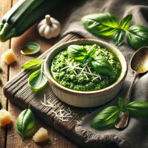 Ultra-sharp image of vibrant green zucchini pesto with basil, Parmesan, garlic, and olive oil. Served in a small white ceramic bowl with basil garnish on a rustic wooden dining table with a linen napkin, captured in bright natural light.