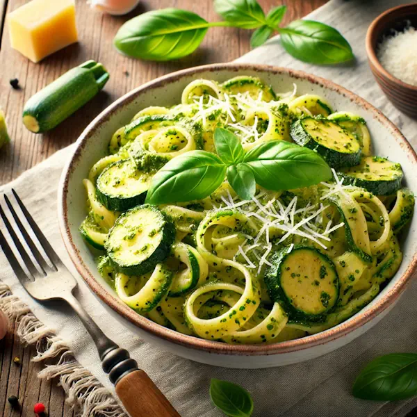 Ultra-sharp image of al dente pasta with zucchini slices coated in vibrant green pesto, garnished with fresh basil and Parmesan. Served in a white ceramic bowl on a rustic wooden dining table with fork and linen napkin, captured in bright natural light.