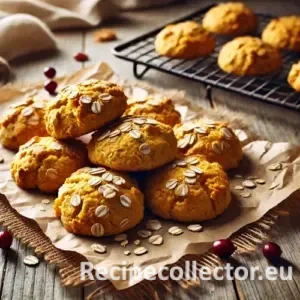 Golden butternut drop biscuits resting on parchment paper over a rustic wooden table with scattered cranberries and natural daylight ambiance.