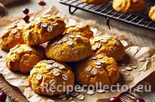 Golden butternut drop biscuits resting on parchment paper over a rustic wooden table with scattered cranberries and natural daylight ambiance.