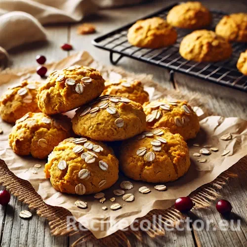 Golden butternut drop biscuits resting on parchment paper over a rustic wooden table with scattered cranberries and natural daylight ambiance.