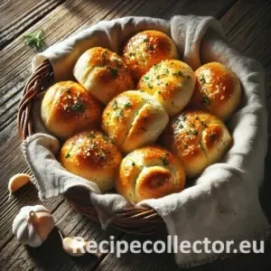 A basket of golden brown garlic rolls sprinkled with parsley and glistening with butter, placed on a rustic wooden table with soft natural light.