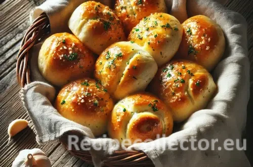 A basket of golden brown garlic rolls sprinkled with parsley and glistening with butter, placed on a rustic wooden table with soft natural light.