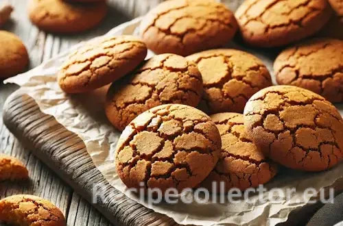 Golden brown ginger cookies with cracked tops arranged on parchment paper over a rustic wooden table, softly lit for a cozy homemade look.