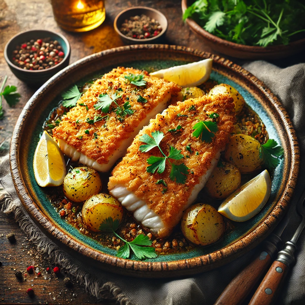A beautifully plated dish of Fried Fish Steaks, featuring golden-brown halibut steaks coated in a spiced flour crust. The fish is crispy on the outside and tender on the inside, garnished with fresh coriander and served with lemon wedges. The dish is presented on a rustic ceramic plate, accompanied by a side of boiled potatoes and a light salad. The plate rests on a wooden table, with soft, warm lighting enhancing the rich colors and textures of the meal.