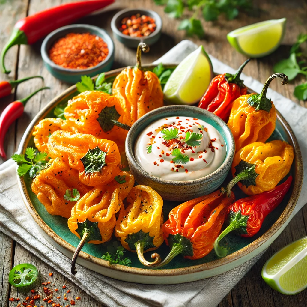 A vibrant plate of golden and crispy fried peppers served with a creamy Sriracha mayo dip in a small bowl, garnished with fresh herbs, lime wedges, and a sprinkle of chili flakes. The dish is presented on a rustic wooden table with a light napkin, in bright natural lighting highlighting its fresh and spicy appeal.