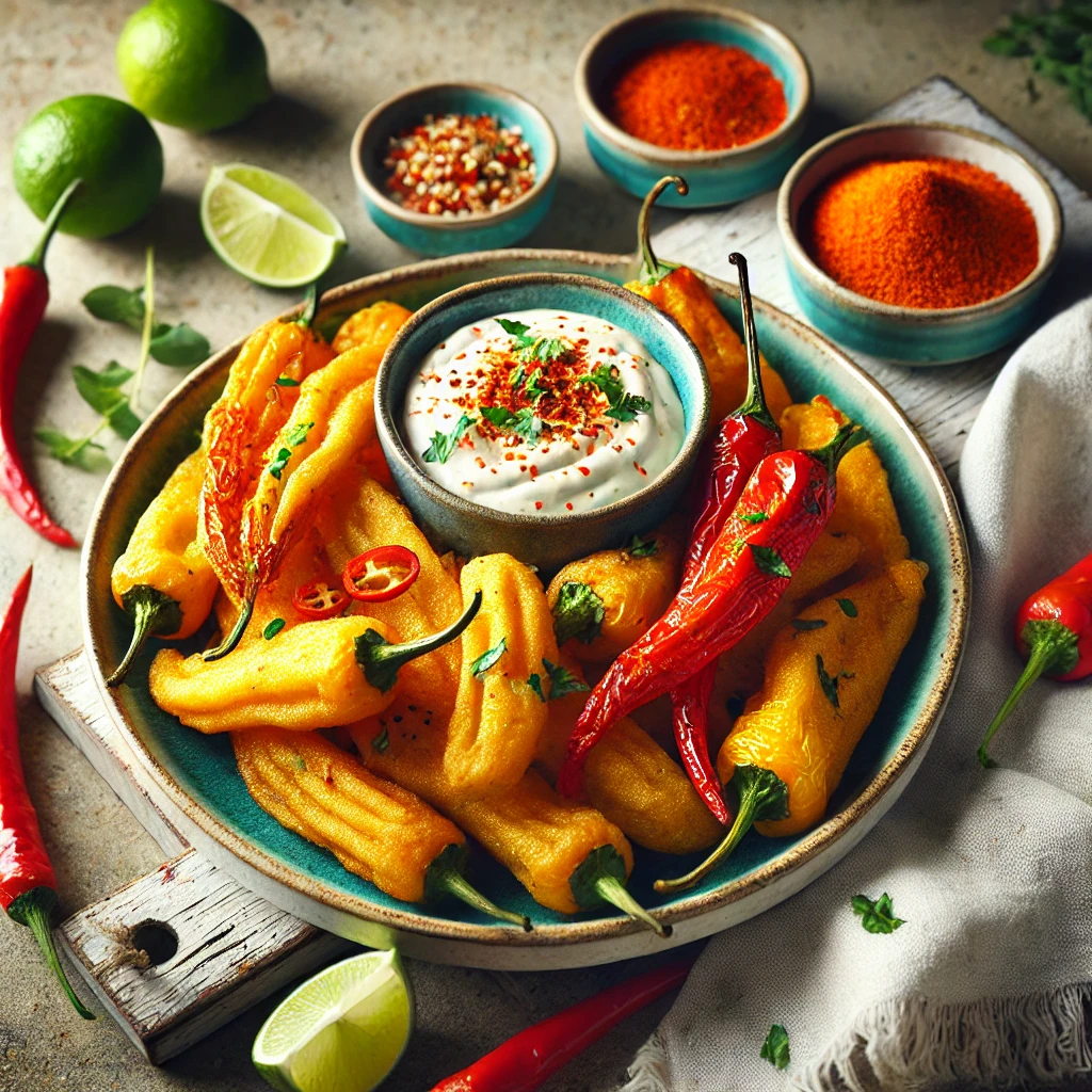 A vibrant plate of golden, crispy fried peppers served with a creamy Sriracha mayo dip in a small bowl. The dish is garnished with fresh herbs and chili flakes, accompanied by lime wedges and a bowl of chili powder. Styled on a rustic wooden table with bright natural lighting, the presentation captures the fresh and spicy appeal of the dish.