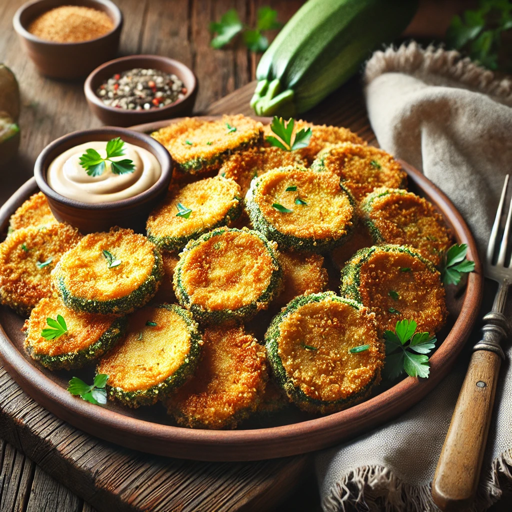 A plate of crispy, golden-brown Fried Zucchini slices coated in a light, seasoned breadcrumb crust, garnished with fresh parsley and served with a creamy dipping sauce. The dish is presented on a rustic ceramic plate atop a wooden table, with a fork and linen napkin nearby. Warm, natural lighting enhances the inviting, homemade feel.