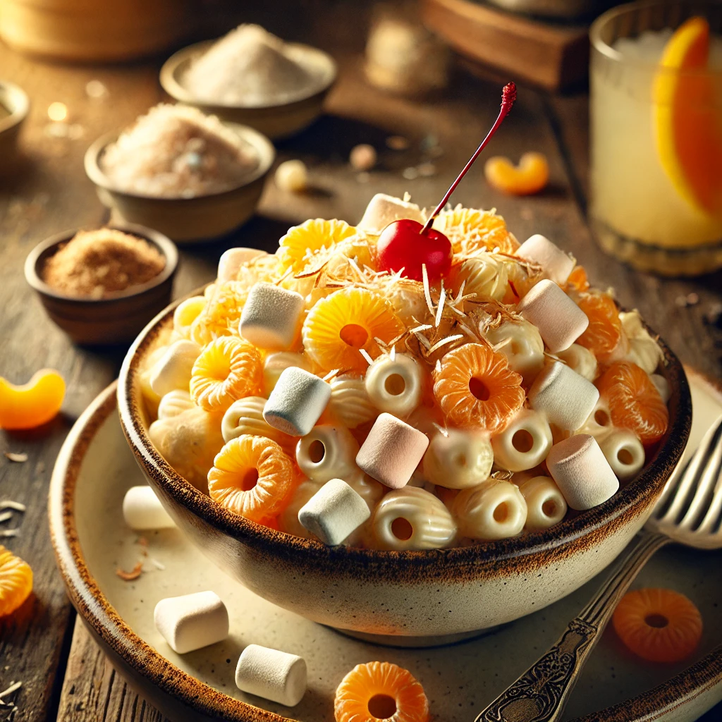 Frog-Eye Salad in a rustic ceramic bowl, featuring acini de pepe pasta mixed with a creamy pineapple dressing, mandarin oranges, mini marshmallows, and shredded coconut. Garnished with toasted coconut and a cherry on top, set on a wooden table with extra marshmallows and a glass of iced lemonade in the softly blurred background.