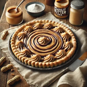 A frozen peanut butter pizza pie with a golden-baked crust, topped with creamy peanut butter and cream cheese filling, drizzled with glossy chocolate syrup. The pie is surrounded by a jar of peanut butter, a small bowl of powdered sugar, and a bottle of chocolate syrup, all placed on a rustic wooden table.