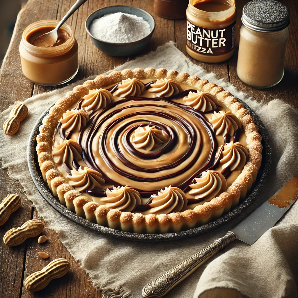 A frozen peanut butter pizza pie with a golden-baked crust, topped with creamy peanut butter and cream cheese filling, drizzled with glossy chocolate syrup. The pie is surrounded by a jar of peanut butter, a small bowl of powdered sugar, and a bottle of chocolate syrup, all placed on a rustic wooden table.