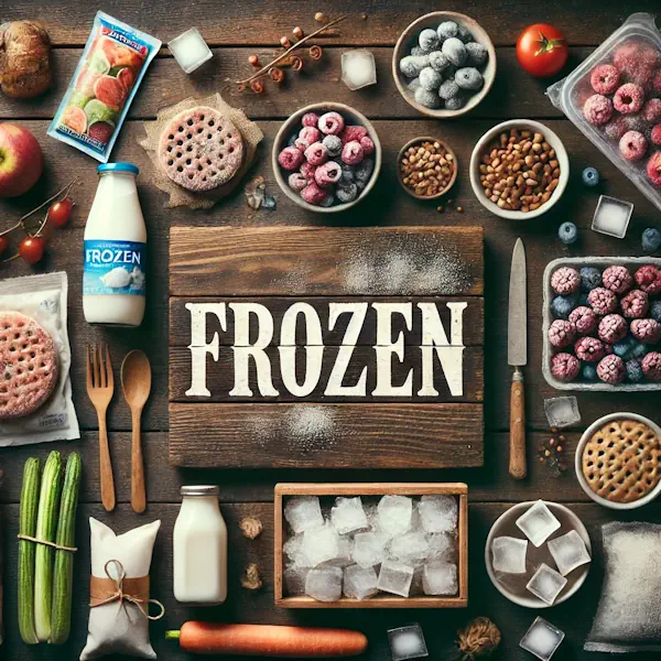 A rustic flat lay of frozen foods on a medium-dark wooden table with horizontal planks. The scene includes frozen vegetables, frozen berries, ice cubes, and packaged frozen meals with a frosty texture to emphasize the frozen aspect. At the top, the word 'FROZEN' is written in large cream-colored serif letters, centered and clearly visible.
