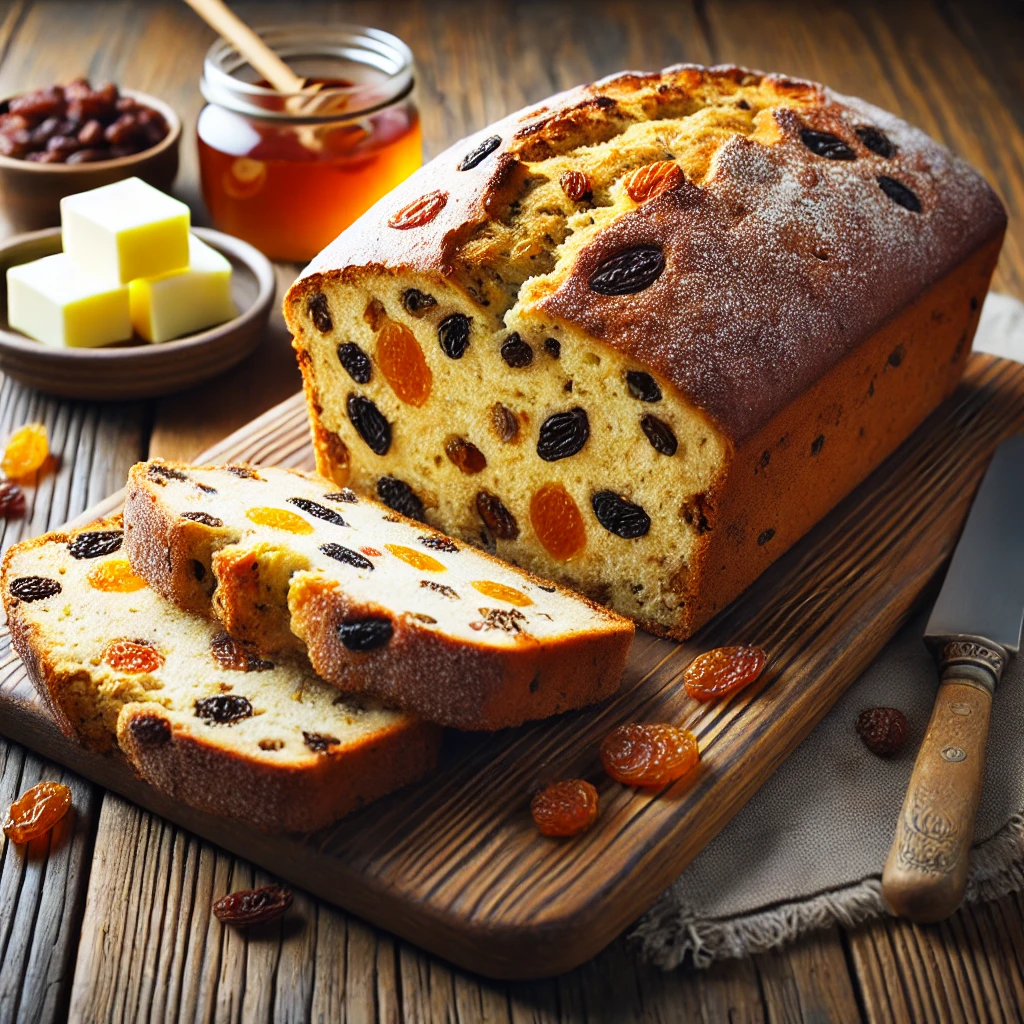 A beautifully plated loaf of Fruit Bread served on a rustic wooden table. The bread has a golden-brown crust with a soft, slightly dense interior filled with a mix of dried fruits such as raisins, sultanas, and candied orange peel. Topped with a light dusting of flour and sliced to reveal the rich texture inside. Arranged on a wooden cutting board, served with a side of butter and honey. The warm wooden table is more visible, providing a cozy and inviting setting.