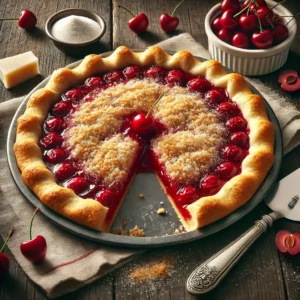A golden thin-crust dessert pizza pie is served on a rustic wooden table. The pie features vibrant cherry pie topping with a crumbly flour, sugar, and butter topping, baked to a golden brown. A slice is cut and ready to serve, with a pie server beside it. Surrounding the setup are fresh cherries, a small bowl of sugar, and a folded linen napkin. Soft natural light highlights the glossy cherry topping and the golden crumbly crust.