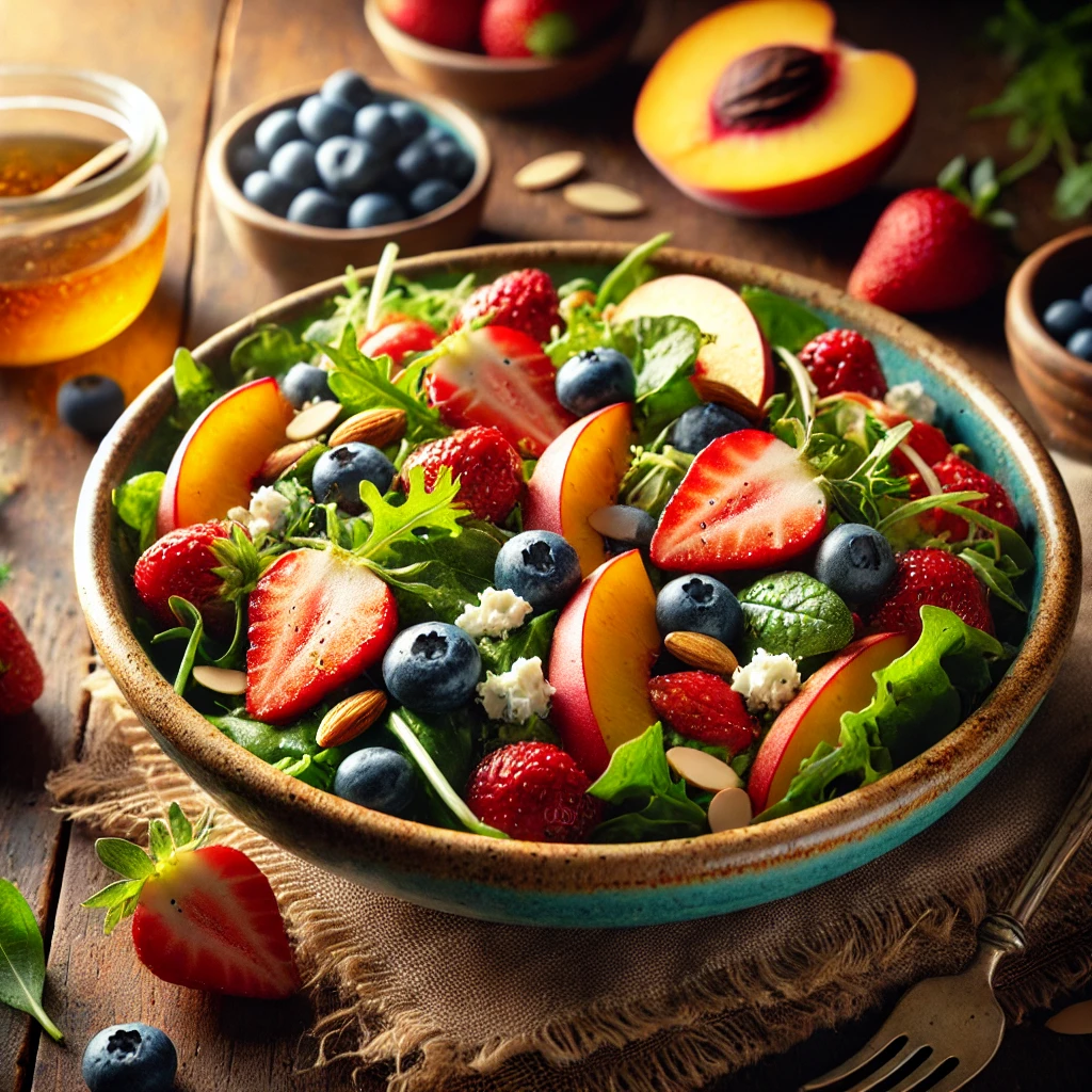 A mix of crisp greens, juicy strawberries, blueberries, and sliced peaches, tossed in a light tarragon vinaigrette, garnished with crumbled goat cheese and toasted almonds.