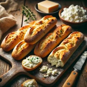 A batch of freshly baked Fu-ttage Cheese Mini Baguettes with a golden, crispy crust and a soft, airy interior. These small baguettes are infused with creamy, tangy cottage cheese, giving them a rich flavor. They are arranged on a wooden cutting board atop a rustic wooden table, with a few sliced open to reveal their fluffy, cheesy texture. A small dish of cottage cheese, fresh herbs, and a butter knife complete the inviting, homemade presentation. Warm, natural lighting enhances the cozy feel.