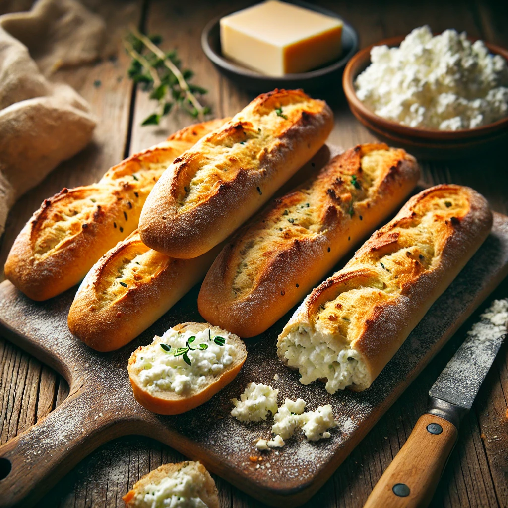 A batch of freshly baked Fu-ttage Cheese Mini Baguettes with a golden, crispy crust and a soft, airy interior. These small baguettes are infused with creamy, tangy cottage cheese, giving them a rich flavor. They are arranged on a wooden cutting board atop a rustic wooden table, with a few sliced open to reveal their fluffy, cheesy texture. A small dish of cottage cheese, fresh herbs, and a butter knife complete the inviting, homemade presentation. Warm, natural lighting enhances the cozy feel.