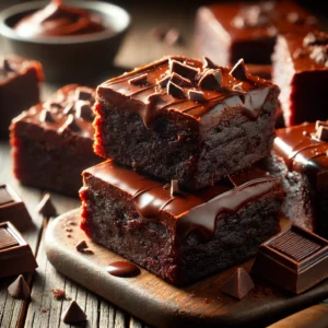 A batch of rich fudge-topped brownies on a rustic wooden table, featuring a dense chocolatey base with a thick layer of glossy dark chocolate fudge. Some brownies are stacked to highlight the contrast between the layers, with scattered chocolate chips and a drizzle of melted chocolate enhancing the indulgent presentation. Soft natural lighting highlights the textures and deep chocolate tones.