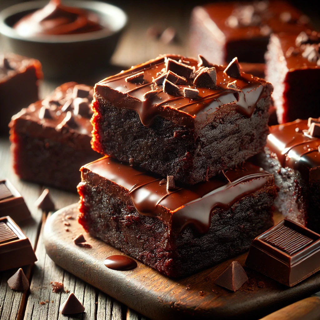 A batch of rich fudge-topped brownies on a rustic wooden table, featuring a dense chocolatey base with a thick layer of glossy dark chocolate fudge. Some brownies are stacked to highlight the contrast between the layers, with scattered chocolate chips and a drizzle of melted chocolate enhancing the indulgent presentation. Soft natural lighting highlights the textures and deep chocolate tones.