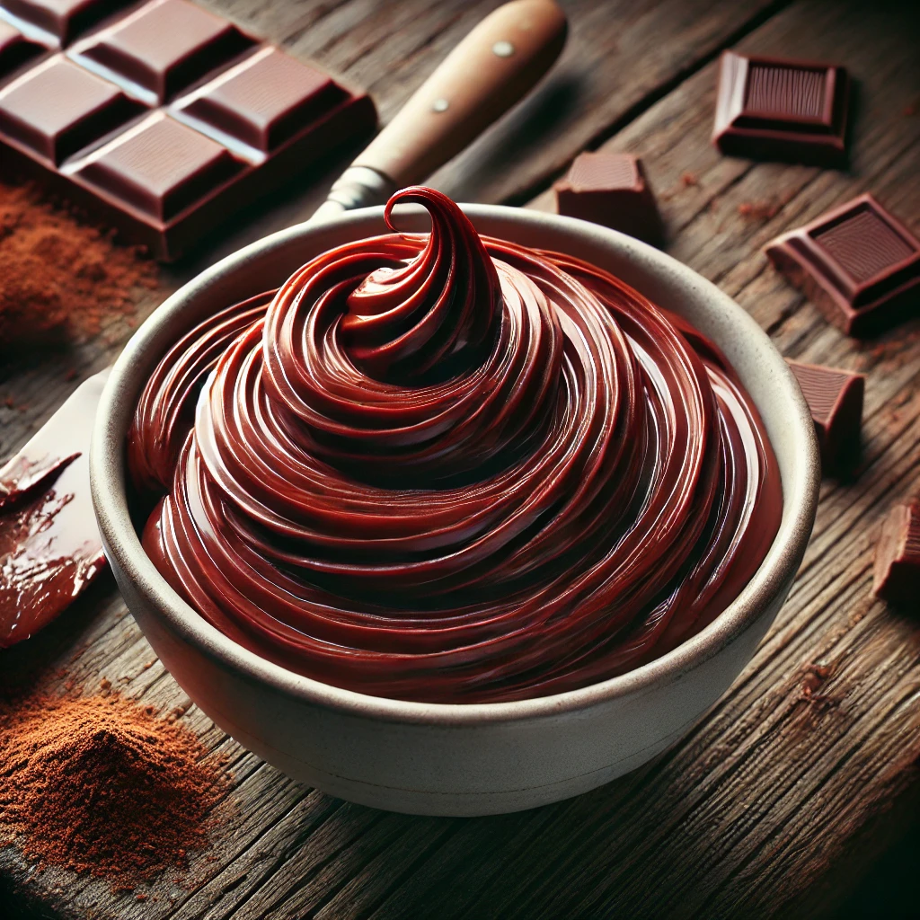 A close-up of rich fudge frosting swirled in a bowl on a rustic wooden table, featuring a deep, glossy chocolate color with a smooth, creamy texture and delicate peaks. A spatula coated with extra frosting rests nearby, with scattered cocoa powder and chocolate shavings adding to the indulgent presentation. Soft natural lighting enhances the rich, velvety consistency.