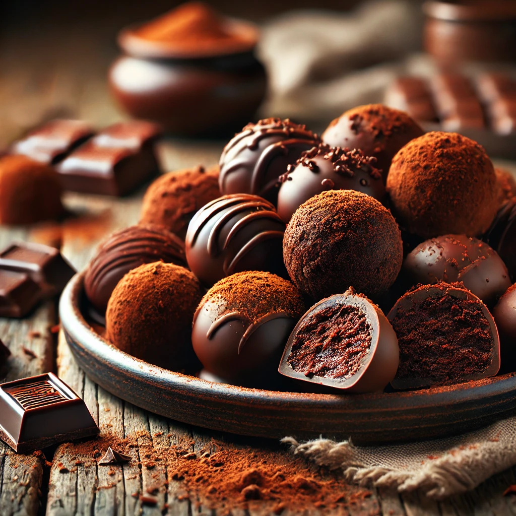 A plate of fudgy chocolate truffles on a rustic wooden table, featuring rich, smooth truffles coated in dark chocolate, some dusted with cocoa powder and others drizzled with glossy melted chocolate. A few are cut open to reveal their dense, fudgy interior, with scattered chocolate shavings and cocoa powder adding to the luxurious presentation. Soft natural lighting enhances the deep, indulgent chocolate tones.