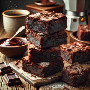 A stack of rich, fudgy special dark brownies on a rustic wooden table, dusted with powdered sugar and garnished with chocolate shavings. A few pieces are broken apart to reveal their moist, dense texture. A cup of coffee and a small bowl of melted chocolate sit nearby, with soft natural lighting enhancing the indulgent, cozy feel.