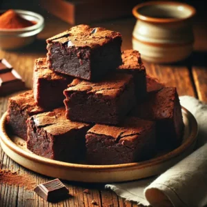 Rich, fudgy gluten-free brownies cut into squares with a moist interior and slightly crackly top, stacked on a ceramic plate with cocoa powder and chocolate chunks. Served on a rustic wooden table with warm lighting, a linen napkin, and a cup of coffee in the background.