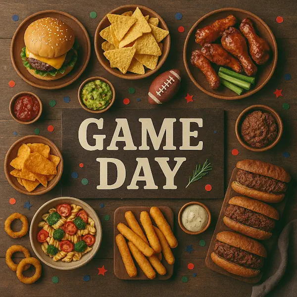 Top-down view of a rustic wooden table featuring a classic game day spread arranged around a central sign labeled GAME DAY. Includes cheeseburgers, hot dogs, chicken wings with celery, onion rings, tortilla chips, guacamole, salsa, mozzarella sticks, sliders, and pasta salad, all presented with festive confetti and a small football decoration.